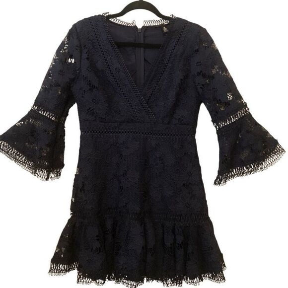 Aqua Navy Blue Lace Fit and Flare Coquette Mini Dress Size M - Picture 1 of 12